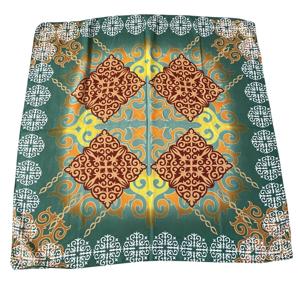 Fermes Paris Green Yellow Orange Damask Scrollwork Square Scarf Neckerchief